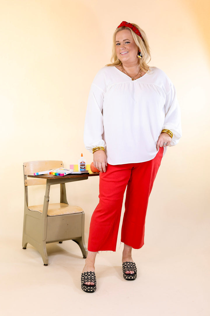 Last Chance Size Small & 3XL | Office Feels Long Sleeve V Neck Babydoll Top in Ivory