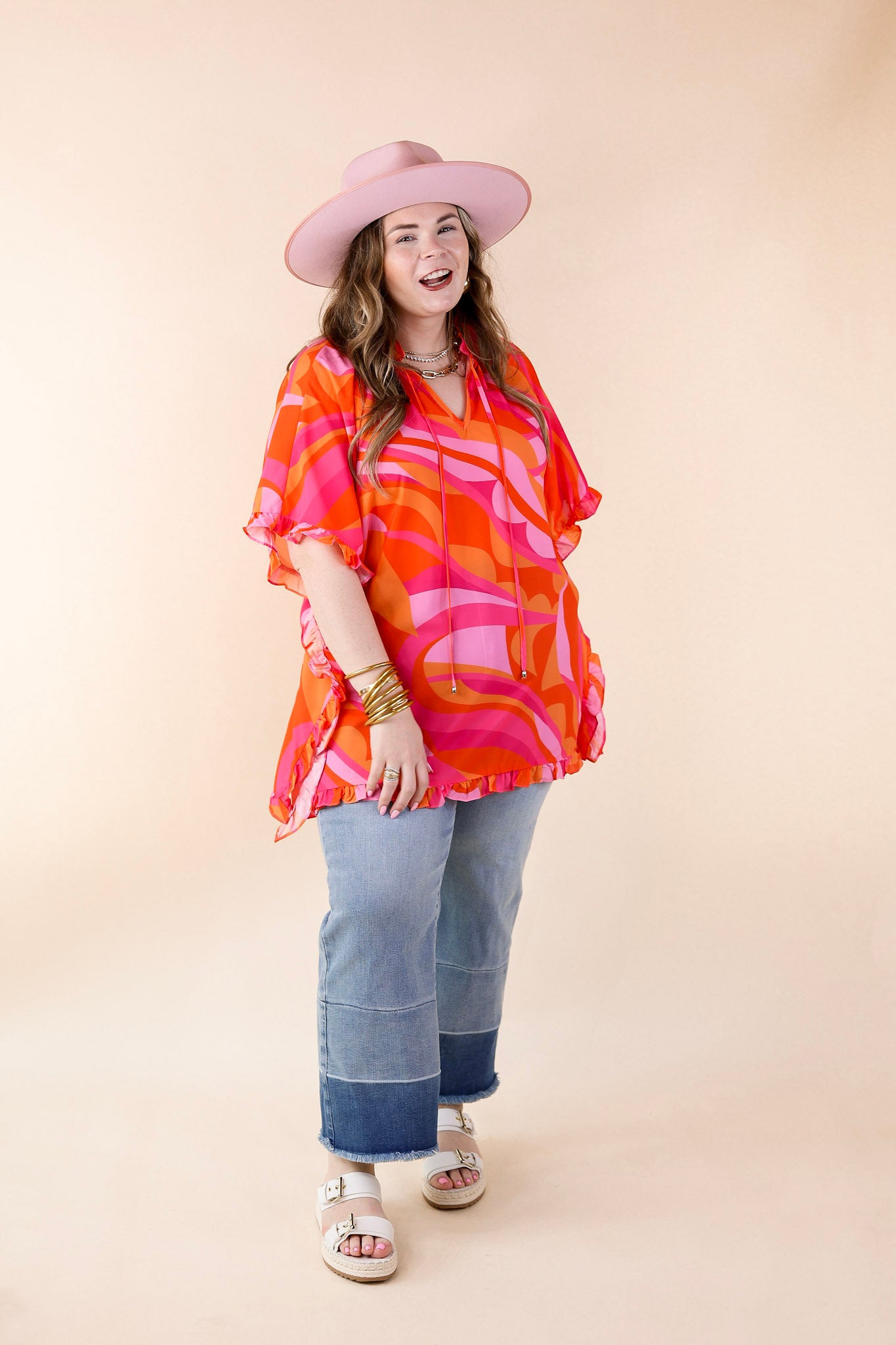 Fun and Free Flowy Top with Ruffle Trim in Orange Mix - Giddy Up Glamour Boutique