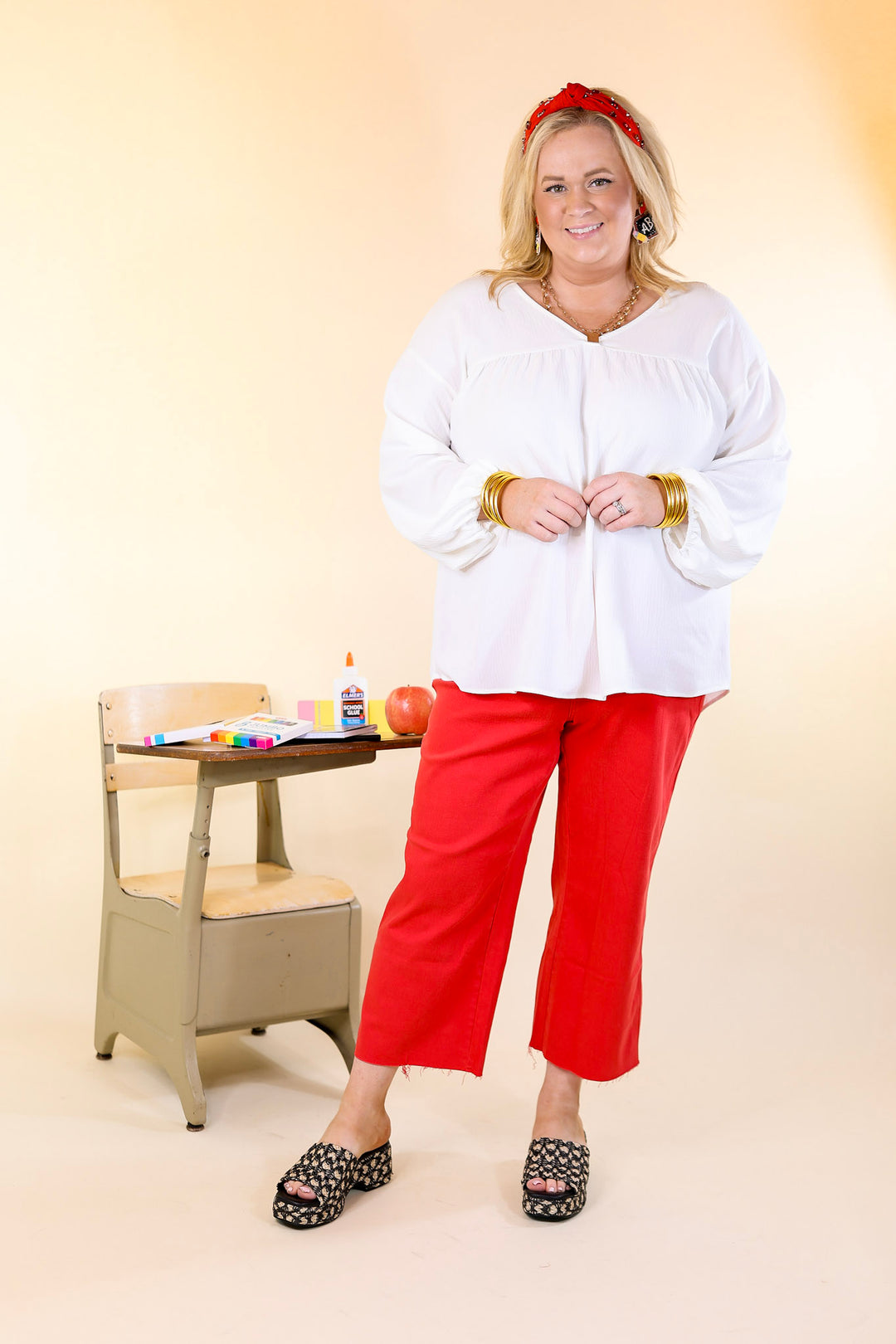 Last Chance Size Small & 3XL | Office Feels Long Sleeve V Neck Babydoll Top in Ivory