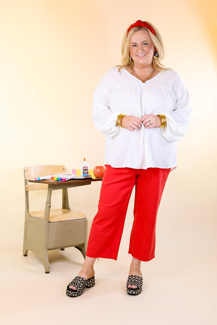 Last Chance Size Small & 3XL | Office Feels Long Sleeve V Neck Babydoll Top in Ivory