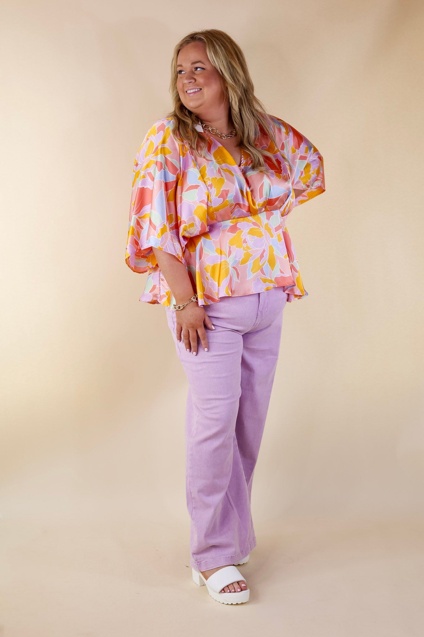Hear the Music Drop Sleeve Satin Mosaic Print V Neck Peplum Top in Coral Pink Mix - Giddy Up Glamour Boutique