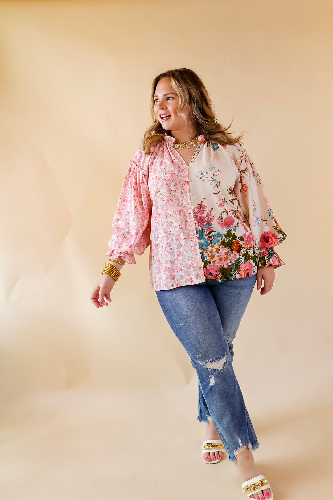Tulip Time Floral Mix Print Button Up Blouse in Pink - Giddy Up Glamour Boutique