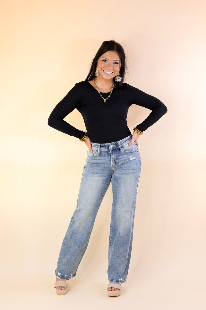 Judy Blue | Elegant Edge Straight Leg Jean with Distressed Hem in Medium Wash - Giddy Up Glamour Boutique