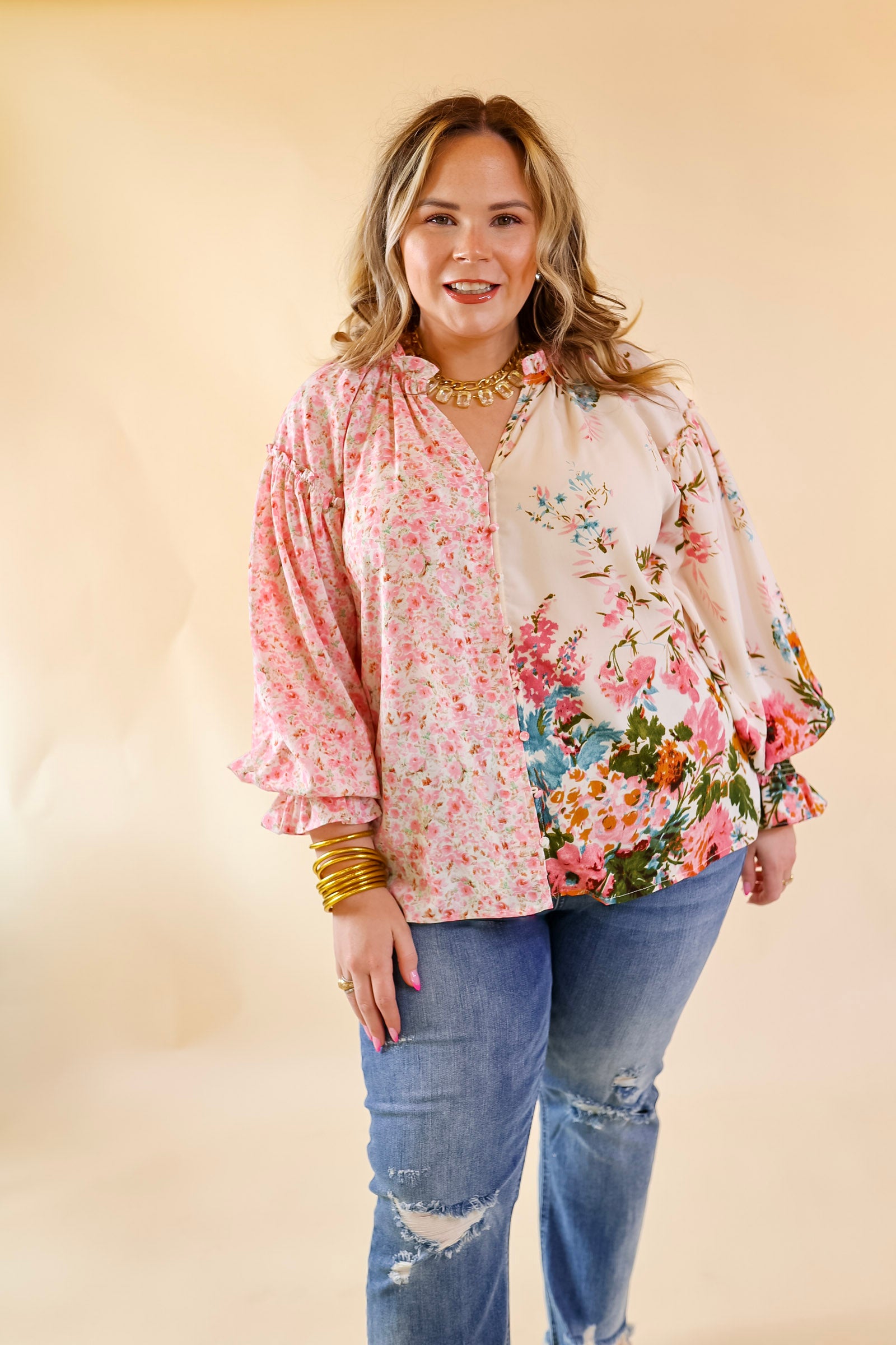 Tulip Time Floral Mix Print Button Up Blouse in Pink - Giddy Up Glamour Boutique