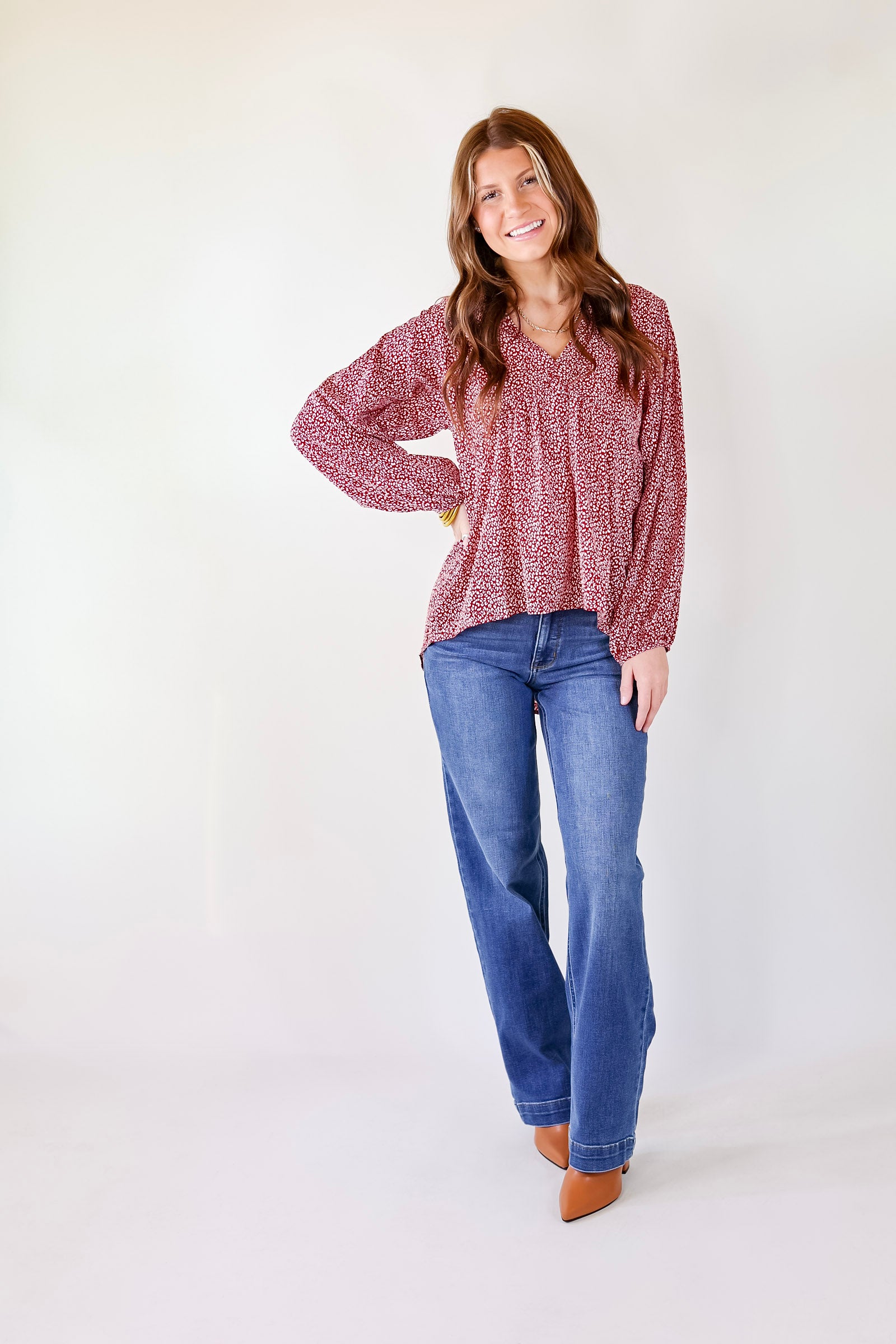 Really Dreamy Small Leopard Print Babydoll Top with Long Sleeves in Burgundy Red - Giddy Up Glamour Boutique