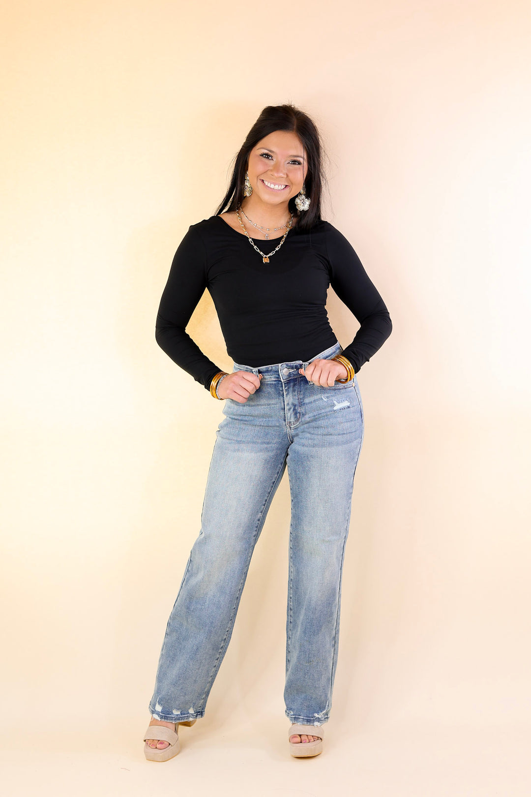Judy Blue | Elegant Edge Straight Leg Jean with Distressed Hem in Medium Wash - Giddy Up Glamour Boutique