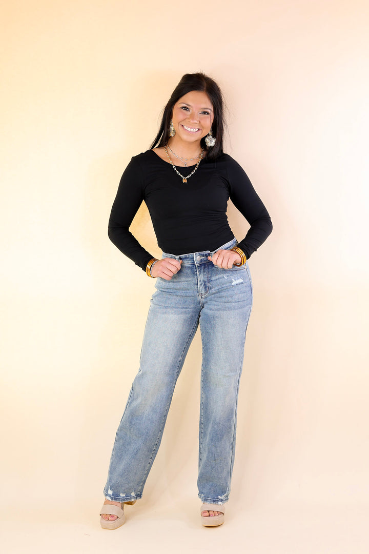 Judy Blue | Elegant Edge Straight Leg Jean with Distressed Hem in Medium Wash - Giddy Up Glamour Boutique