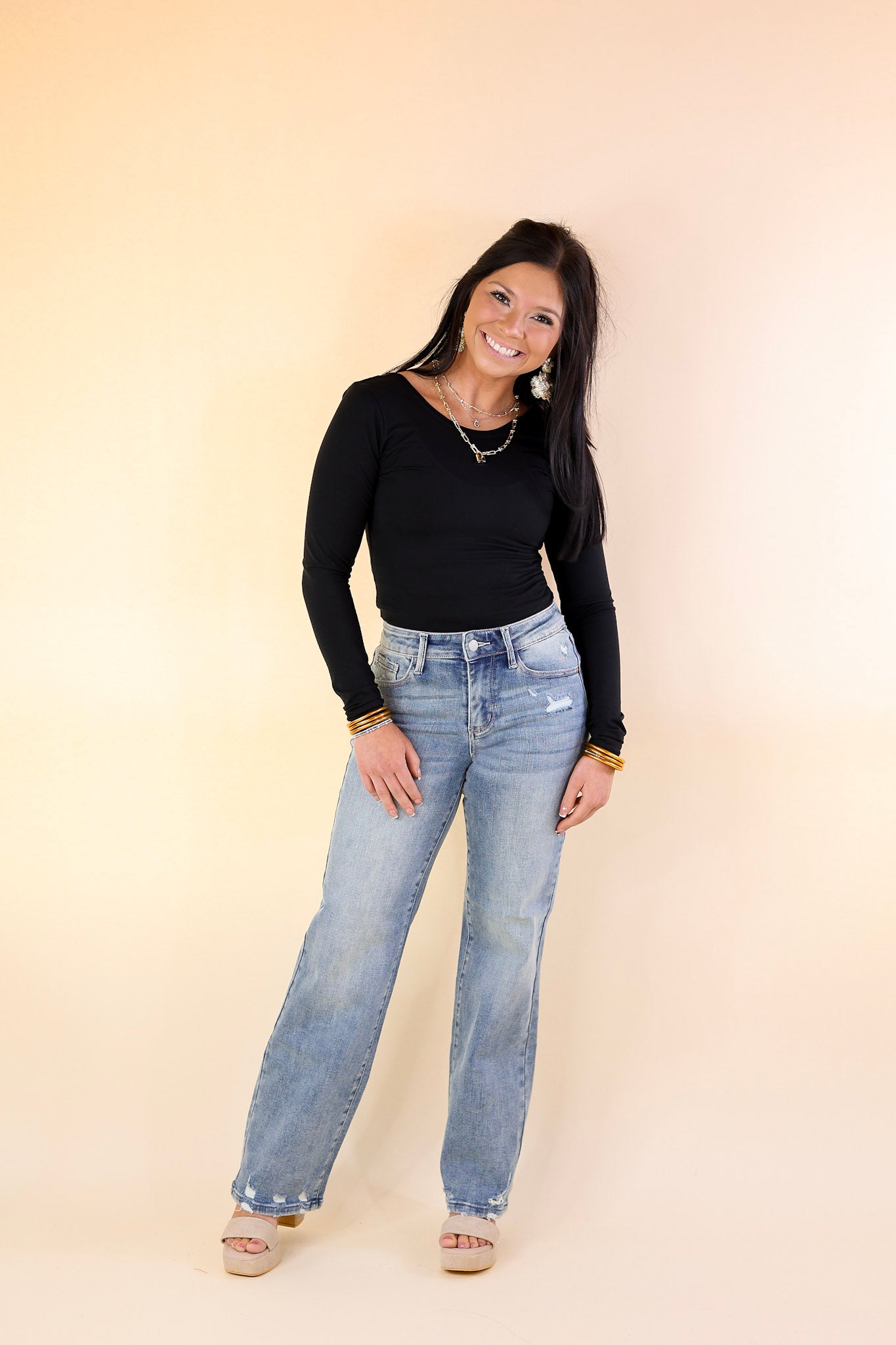 Judy Blue | Elegant Edge Straight Leg Jean with Distressed Hem in Medium Wash - Giddy Up Glamour Boutique