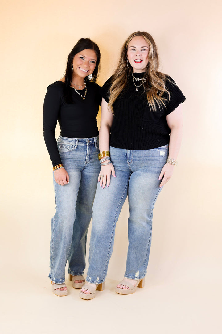 Judy Blue | Elegant Edge Straight Leg Jean with Distressed Hem in Medium Wash - Giddy Up Glamour Boutique