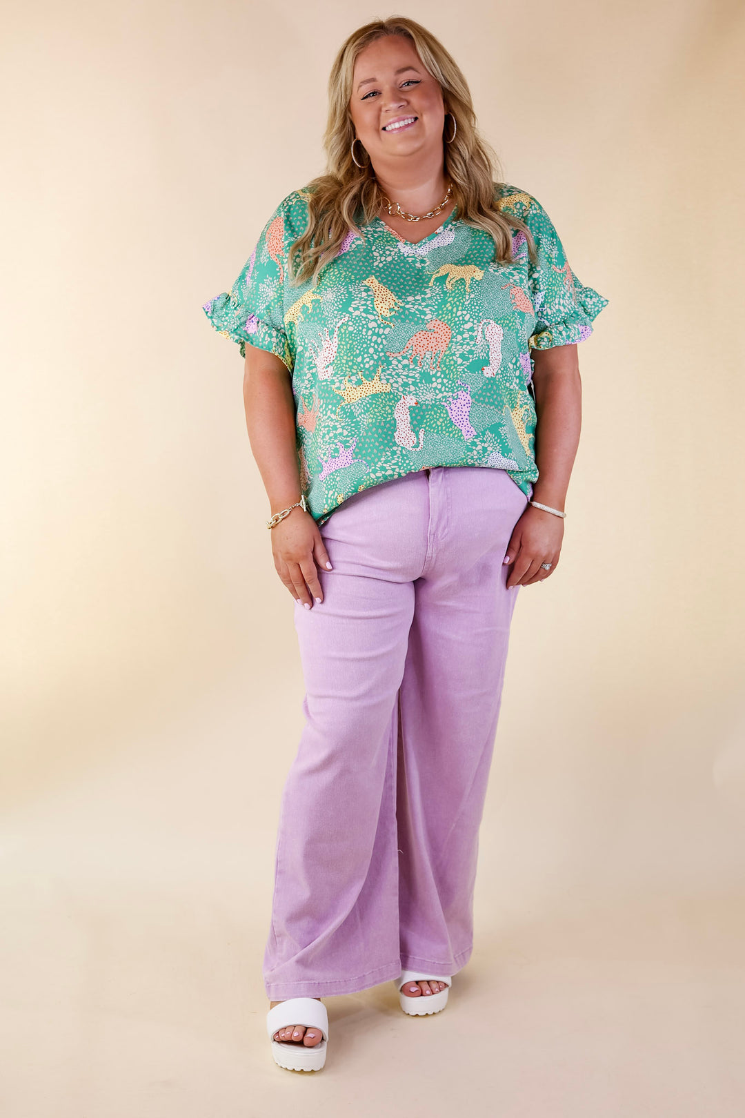 Best Version Cheetah Print V Neck Top with Ruffle Short Sleeves in Green Mix - Giddy Up Glamour Boutique