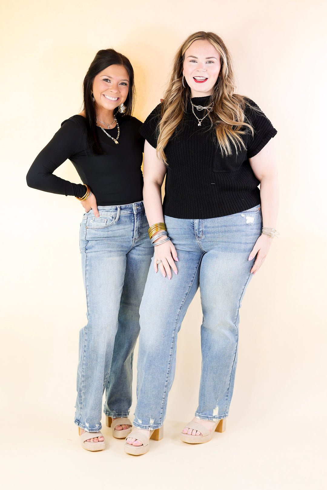 Judy Blue | Elegant Edge Straight Leg Jean with Distressed Hem in Medium Wash - Giddy Up Glamour Boutique