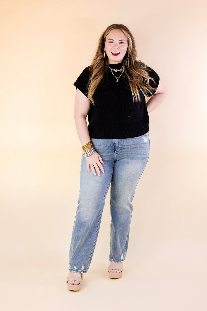 Judy Blue | Elegant Edge Straight Leg Jean with Distressed Hem in Medium Wash - Giddy Up Glamour Boutique
