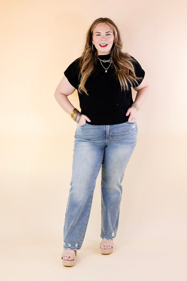 Judy Blue | Elegant Edge Straight Leg Jean with Distressed Hem in Medium Wash - Giddy Up Glamour Boutique