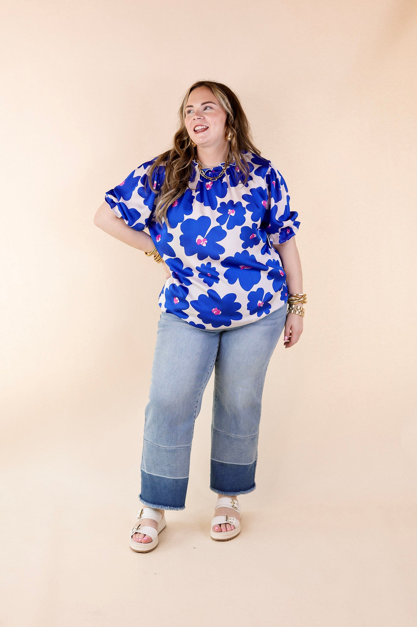 Divine Design Floral Blouse With Puffed Sleeve and Ruffle Neckline in Cobalt Blue - Giddy Up Glamour Boutique