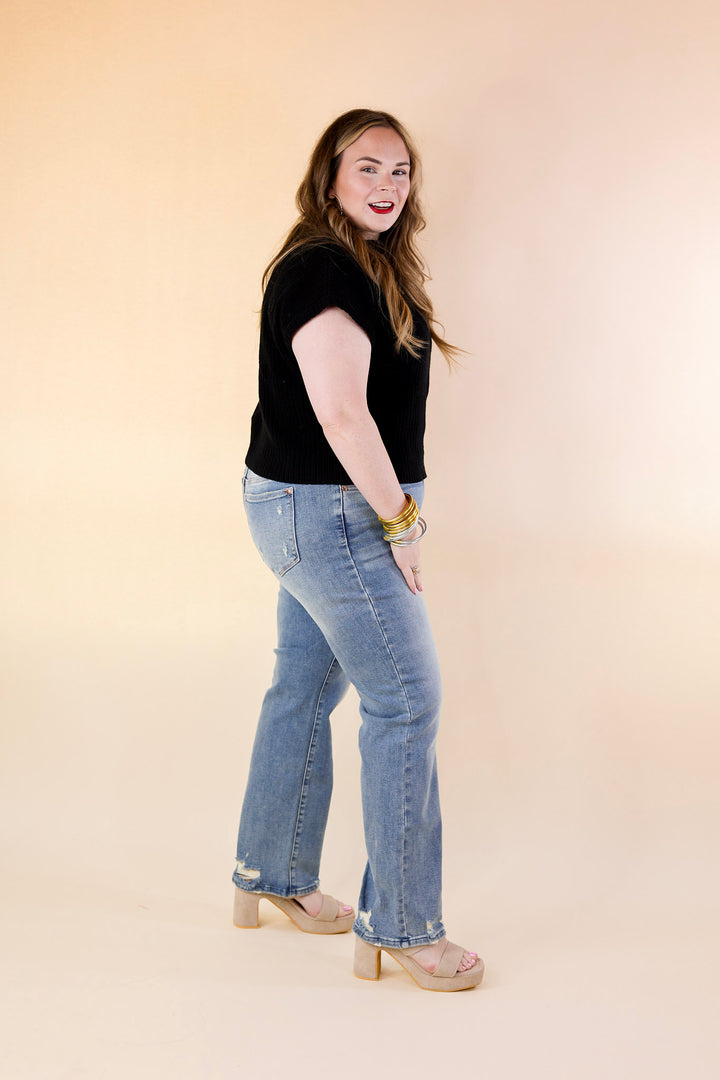 Judy Blue | Elegant Edge Straight Leg Jean with Distressed Hem in Medium Wash - Giddy Up Glamour Boutique