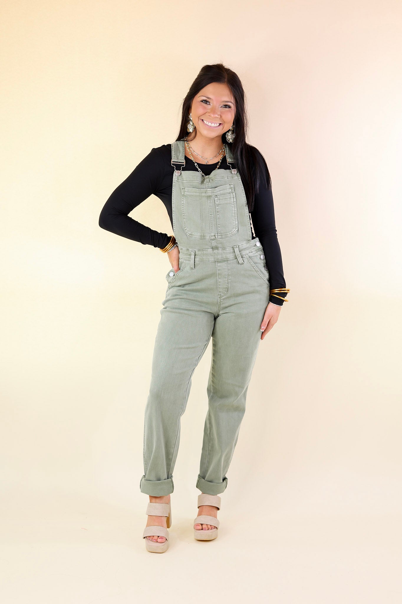 Judy Blue | Start The Bonfire Denim Garment Dyed Overalls in Sage Green - Giddy Up Glamour Boutique