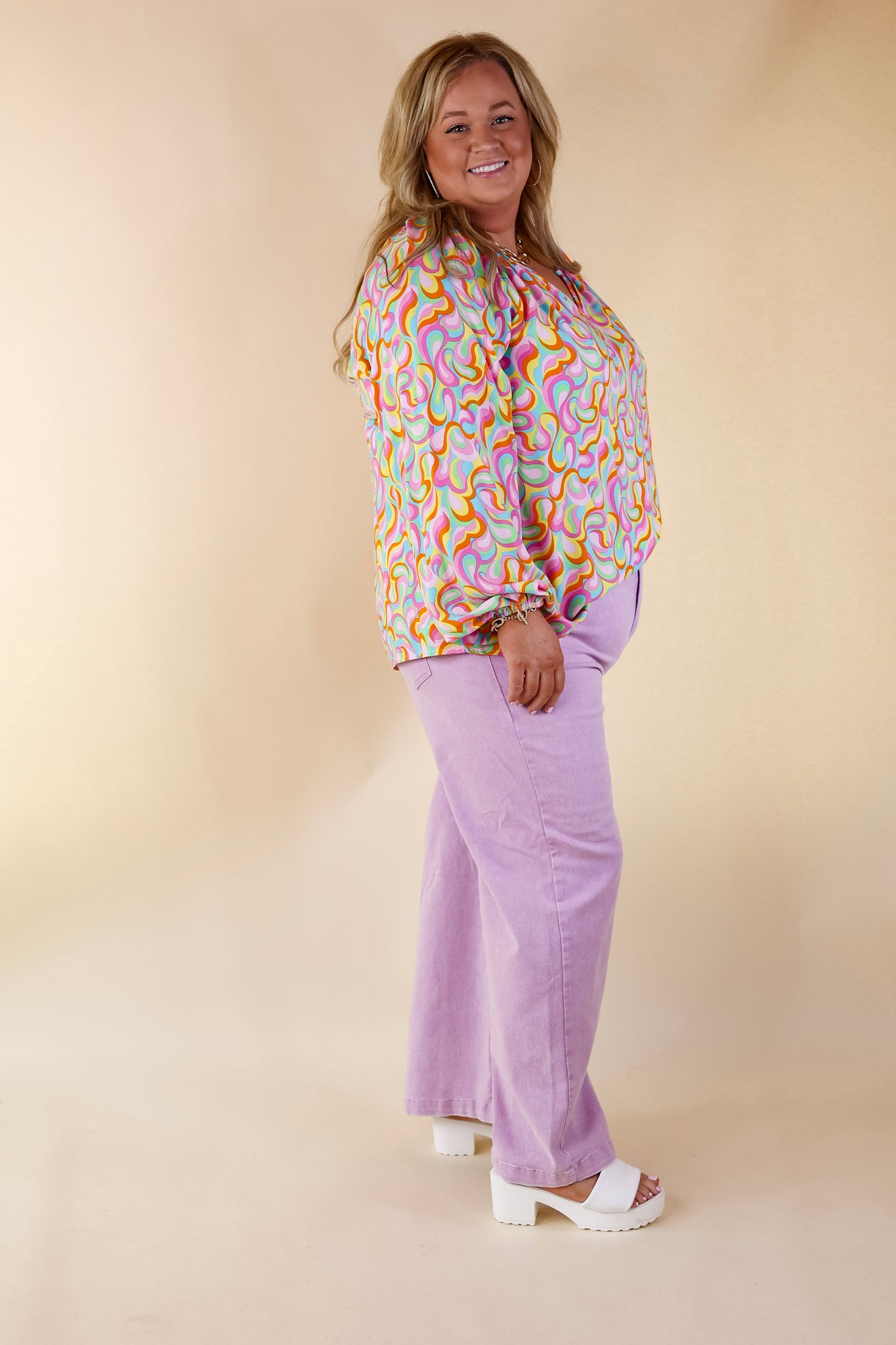 Follow Your Happiness Notched V Neck Psychedelic Top with Long Sleeves in Pink Mix - Giddy Up Glamour Boutique