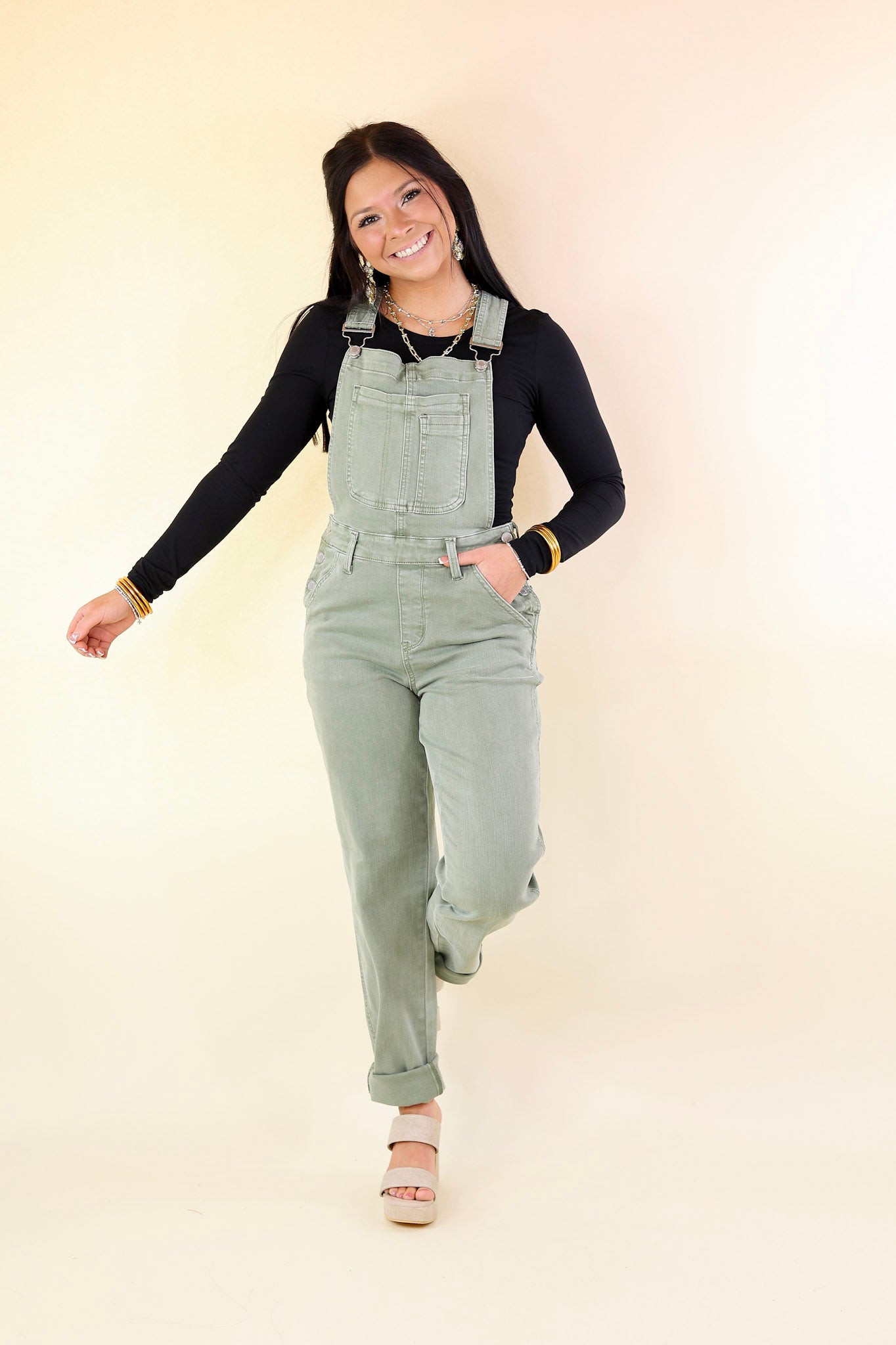 Judy Blue | Start The Bonfire Denim Garment Dyed Overalls in Sage Green - Giddy Up Glamour Boutique