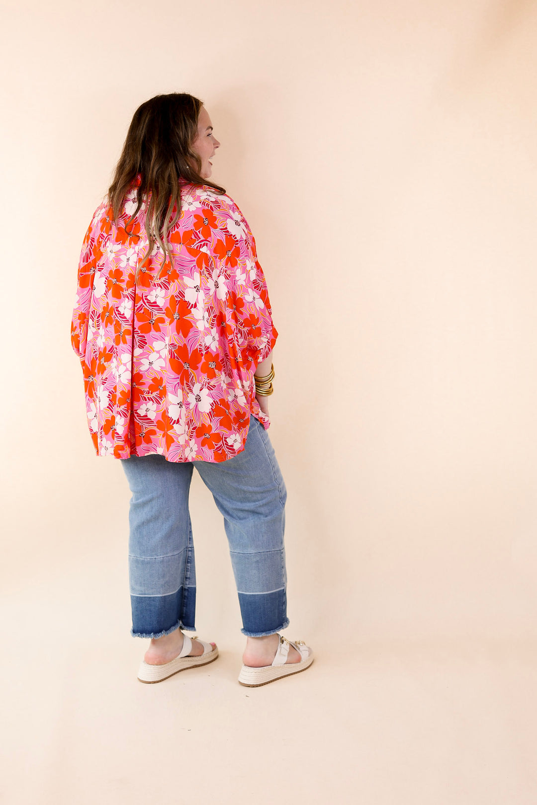 Bright Lifestyle Button Up Half Sleeve Floral Poncho Top in Pink Mix - Giddy Up Glamour Boutique