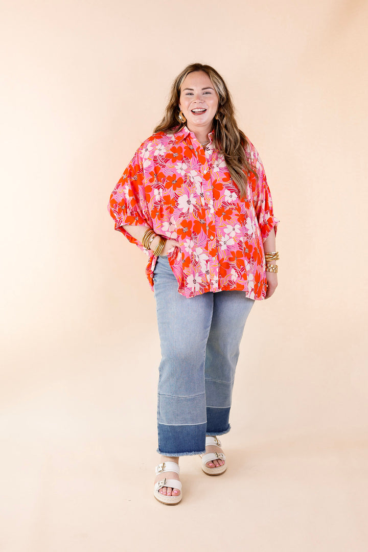 Bright Lifestyle Button Up Half Sleeve Floral Poncho Top in Pink Mix - Giddy Up Glamour Boutique