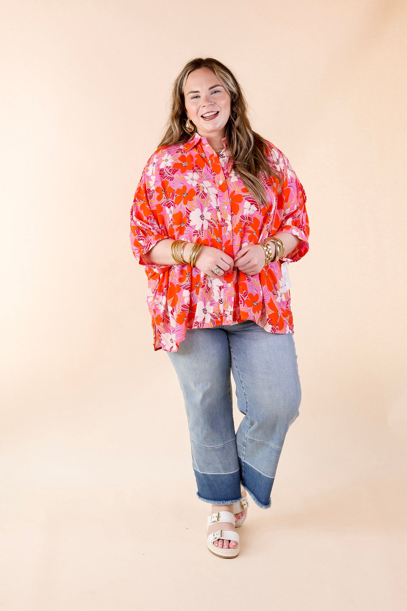 Bright Lifestyle Button Up Half Sleeve Floral Poncho Top in Pink Mix - Giddy Up Glamour Boutique