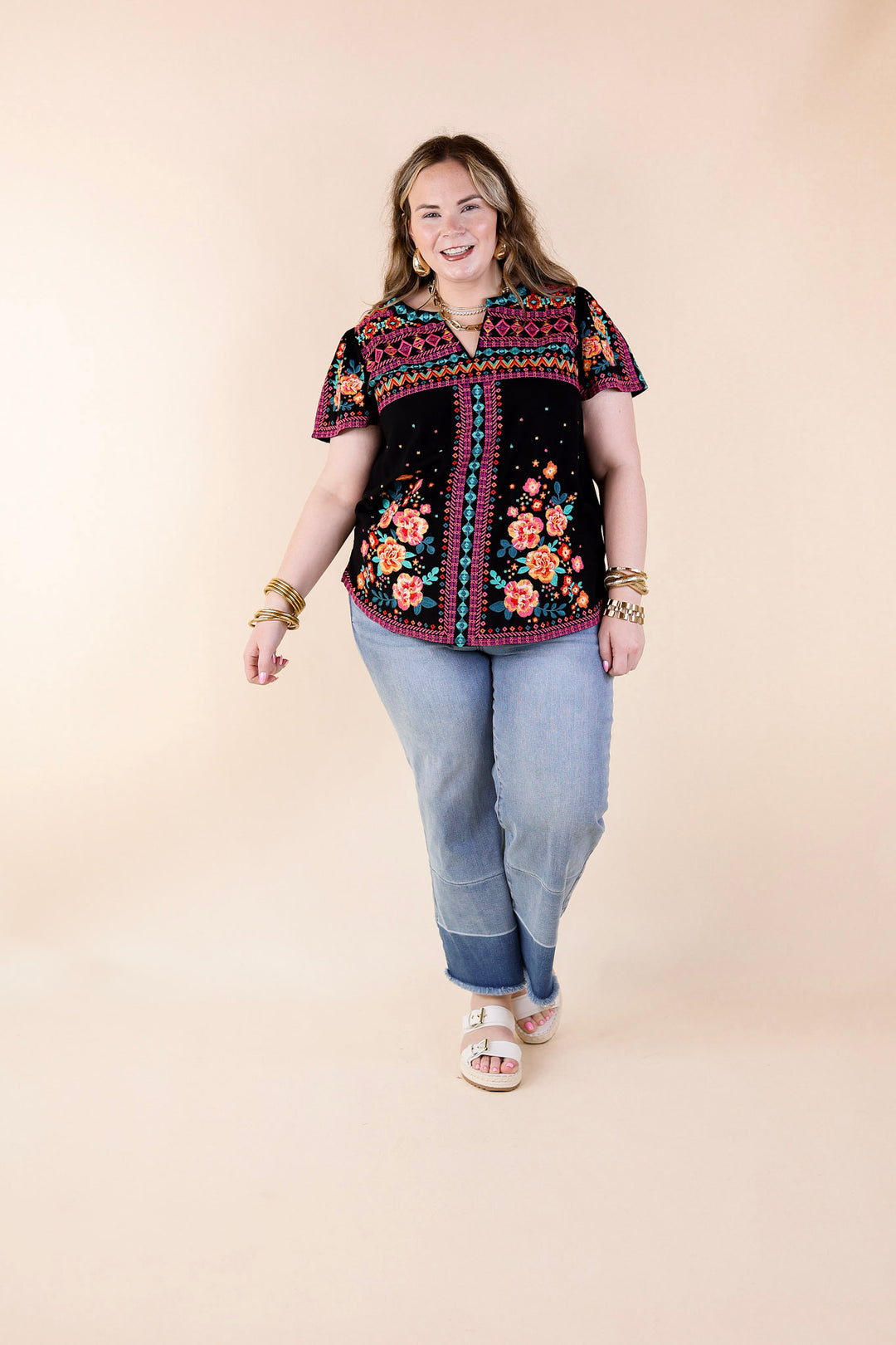 On The Blog Notched Neck Embroidered Top in Black - Giddy Up Glamour Boutique