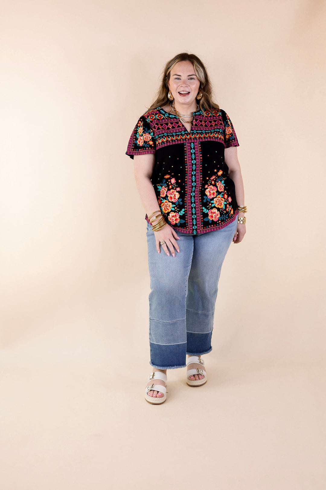 On The Blog Notched Neck Embroidered Top in Black - Giddy Up Glamour Boutique