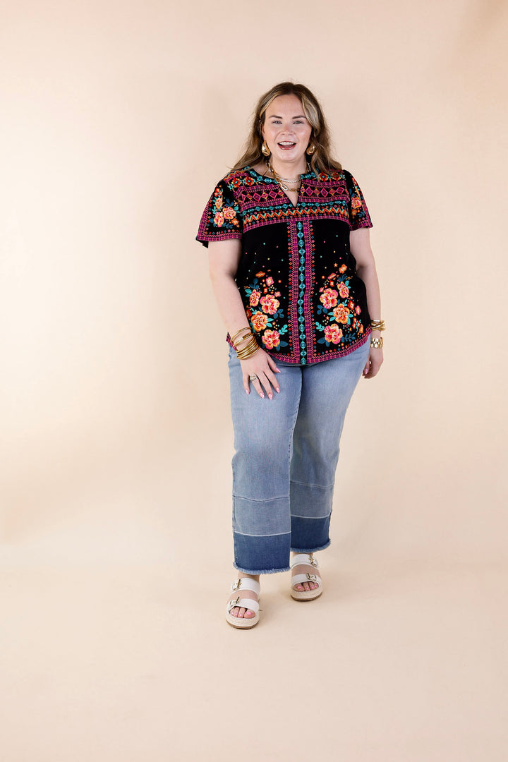 On The Blog Notched Neck Embroidered Top in Black - Giddy Up Glamour Boutique