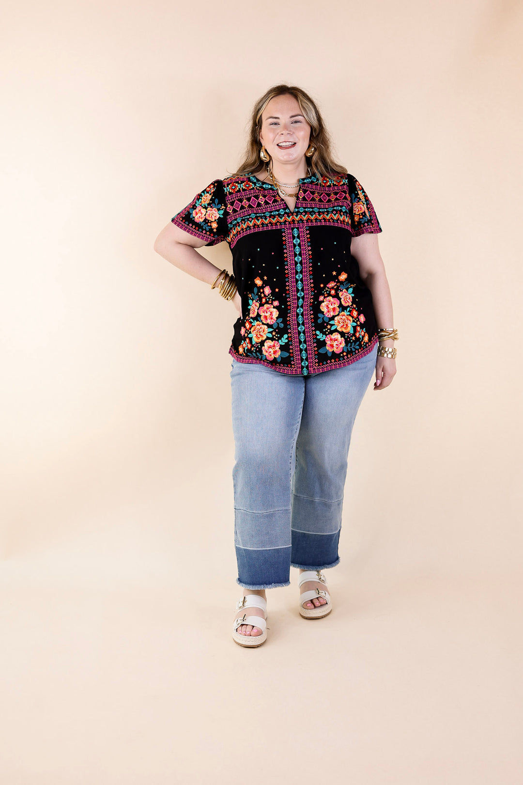 On The Blog Notched Neck Embroidered Top in Black - Giddy Up Glamour Boutique