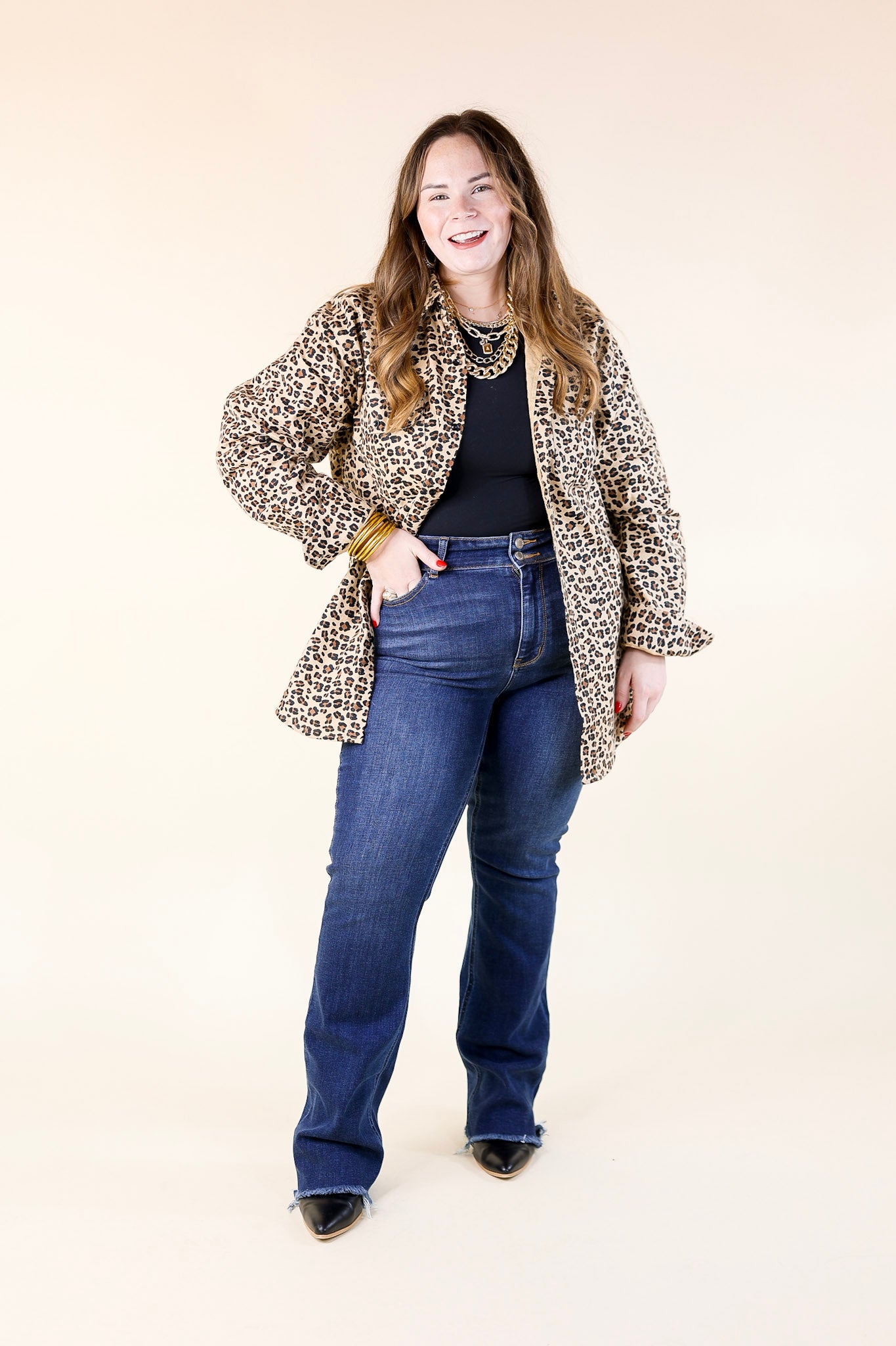 Prettiest In Prints Button Up Leopard Print Flannel Top with Red Plaid and Santa Icon