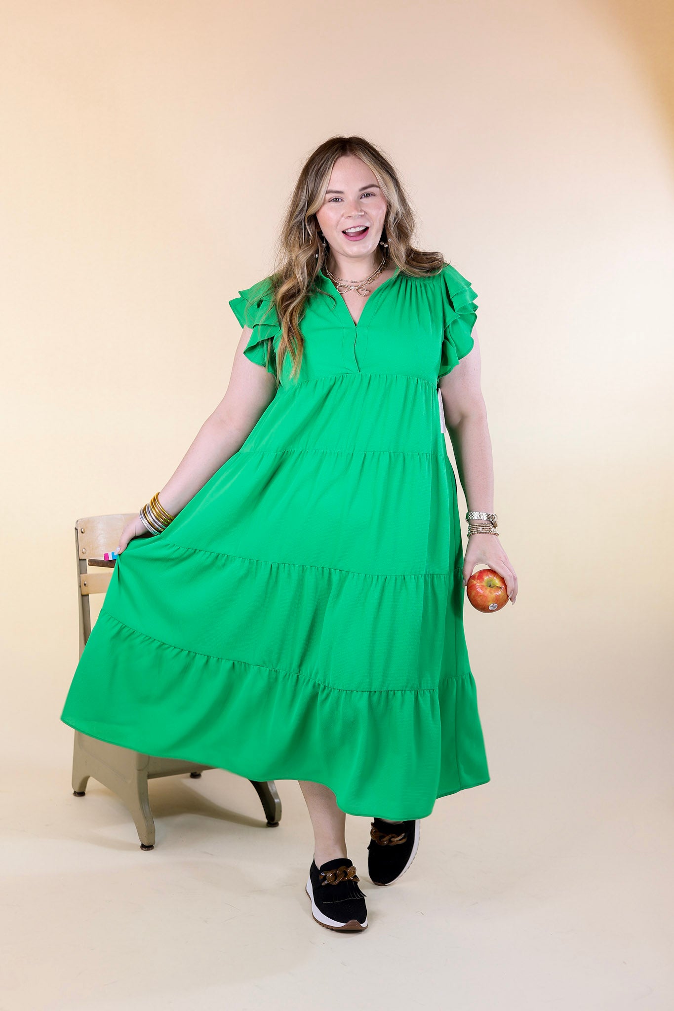 All Of A Sudden Tiered Midi Dress with Ruffle Cap Sleeves in Green