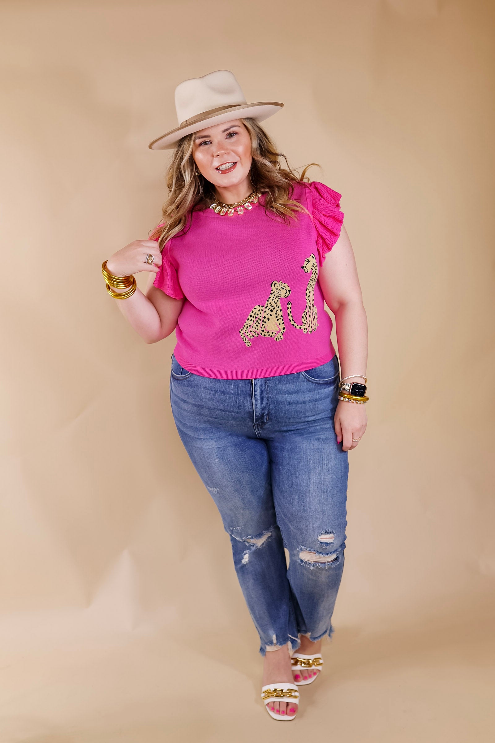 Talk This Way Cheetah Print Sweater with Ruffle Cap Sleeves in Pink - Giddy Up Glamour Boutique