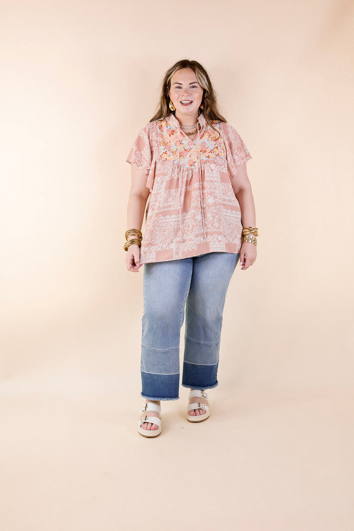 All I Want Floral Top with Keyhole and Tie Neckline in Dusty Pink - Giddy Up Glamour Boutique