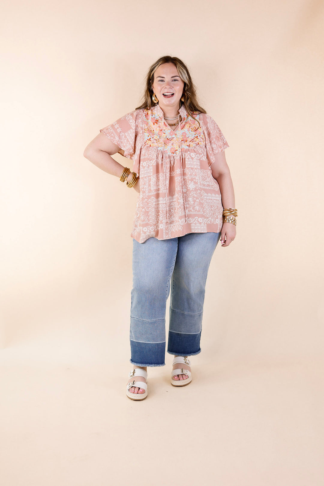 All I Want Floral Top with Keyhole and Tie Neckline in Dusty Pink - Giddy Up Glamour Boutique