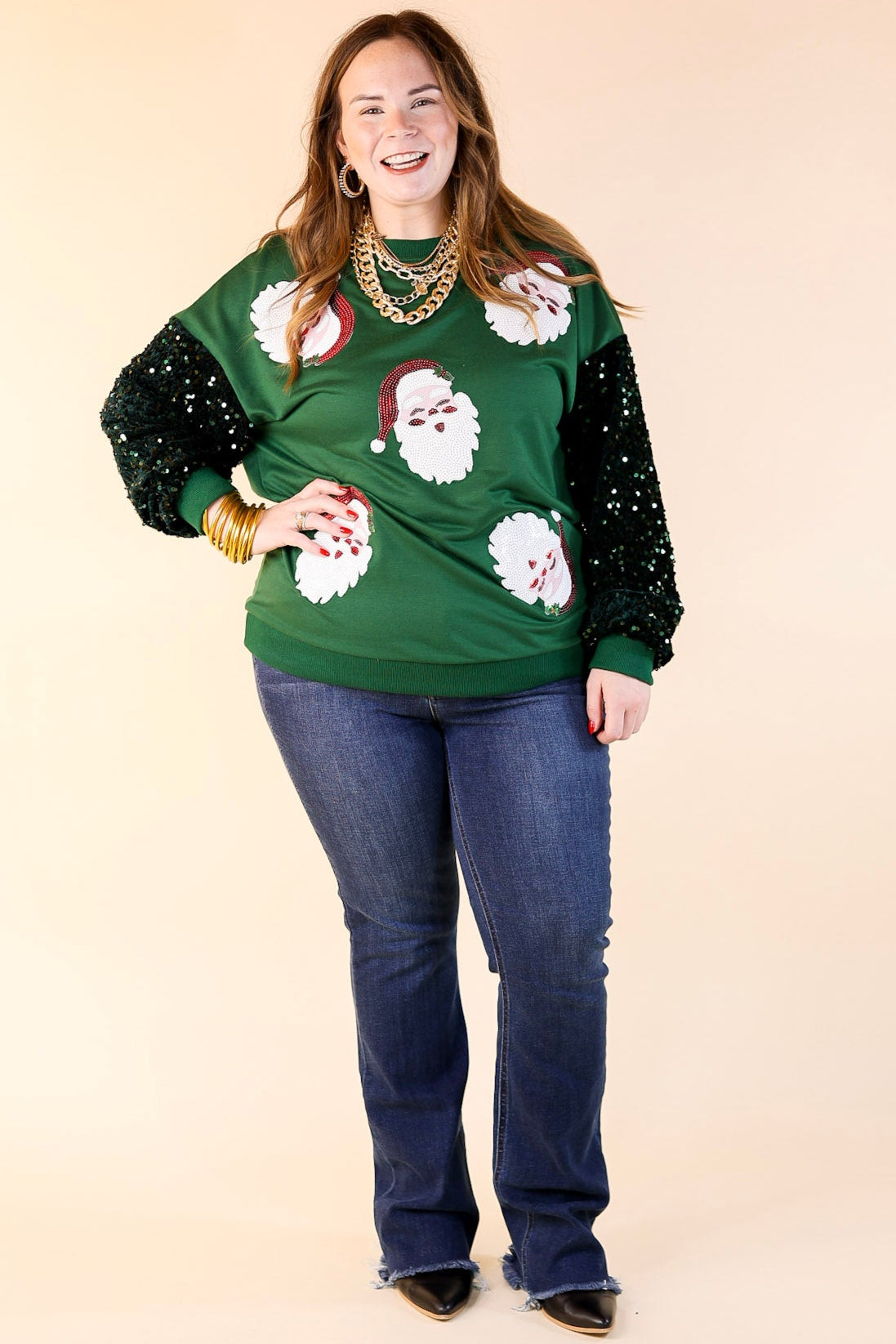 Sequin Santa Crewneck Sweatshirt with Velvet Sleeves in Dark Green