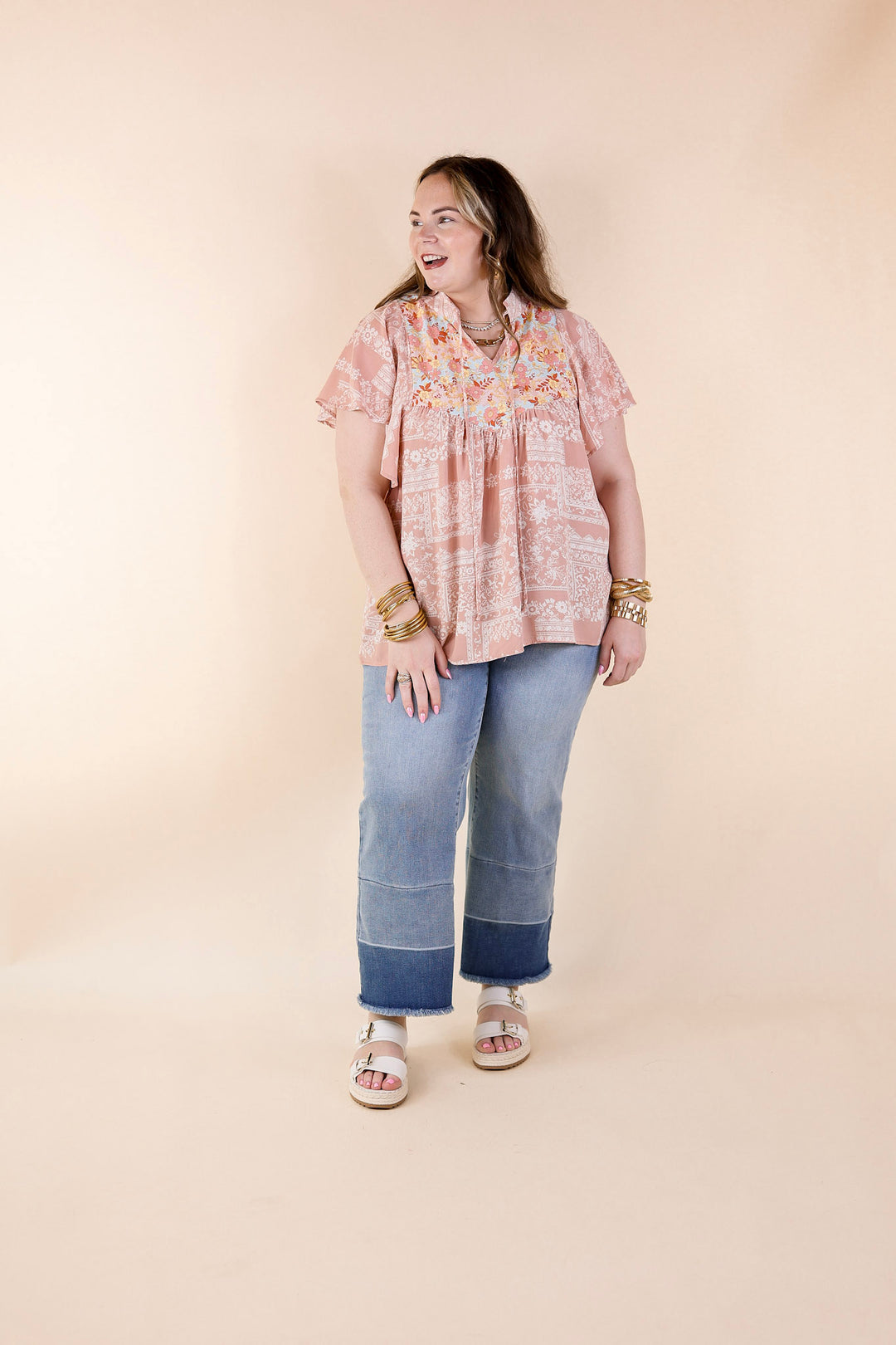 All I Want Floral Top with Keyhole and Tie Neckline in Dusty Pink - Giddy Up Glamour Boutique