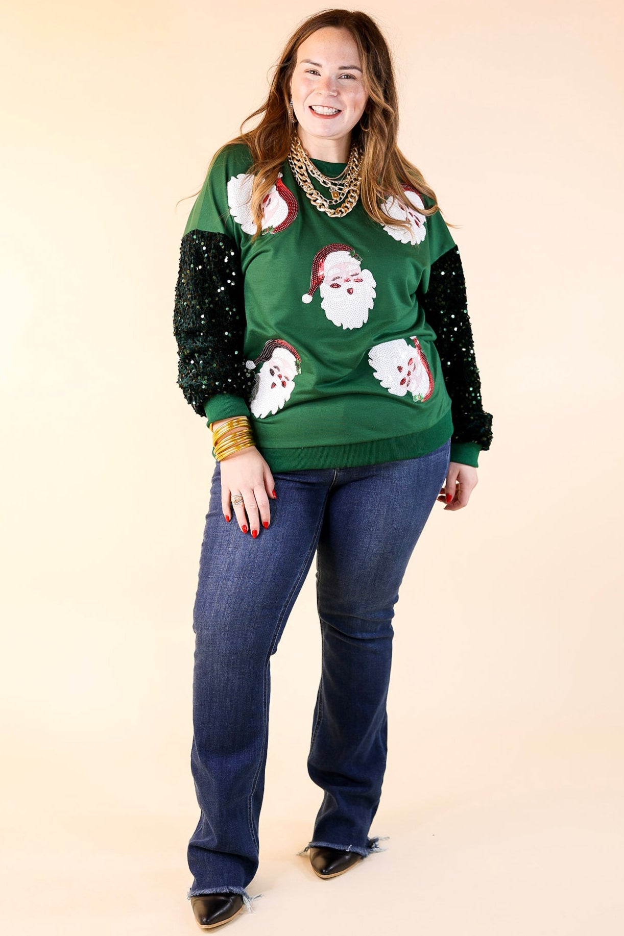 Sequin Santa Crewneck Sweatshirt with Velvet Sleeves in Dark Green