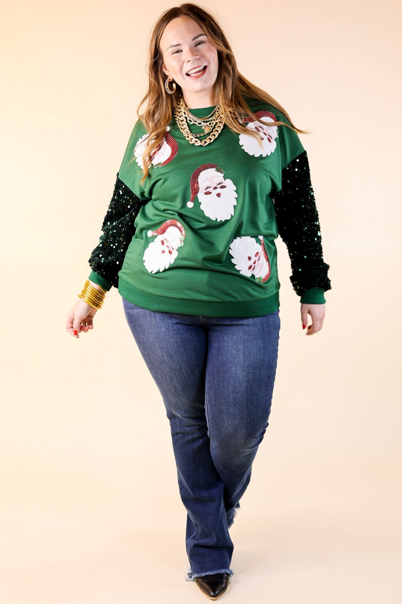 Sequin Santa Crewneck Sweatshirt with Velvet Sleeves in Dark Green