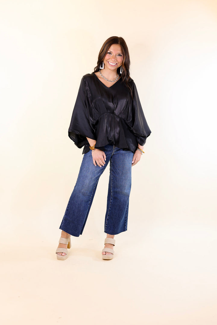 Hear the Music Drop Sleeve Satin V Neck Peplum Top in Shiny Black