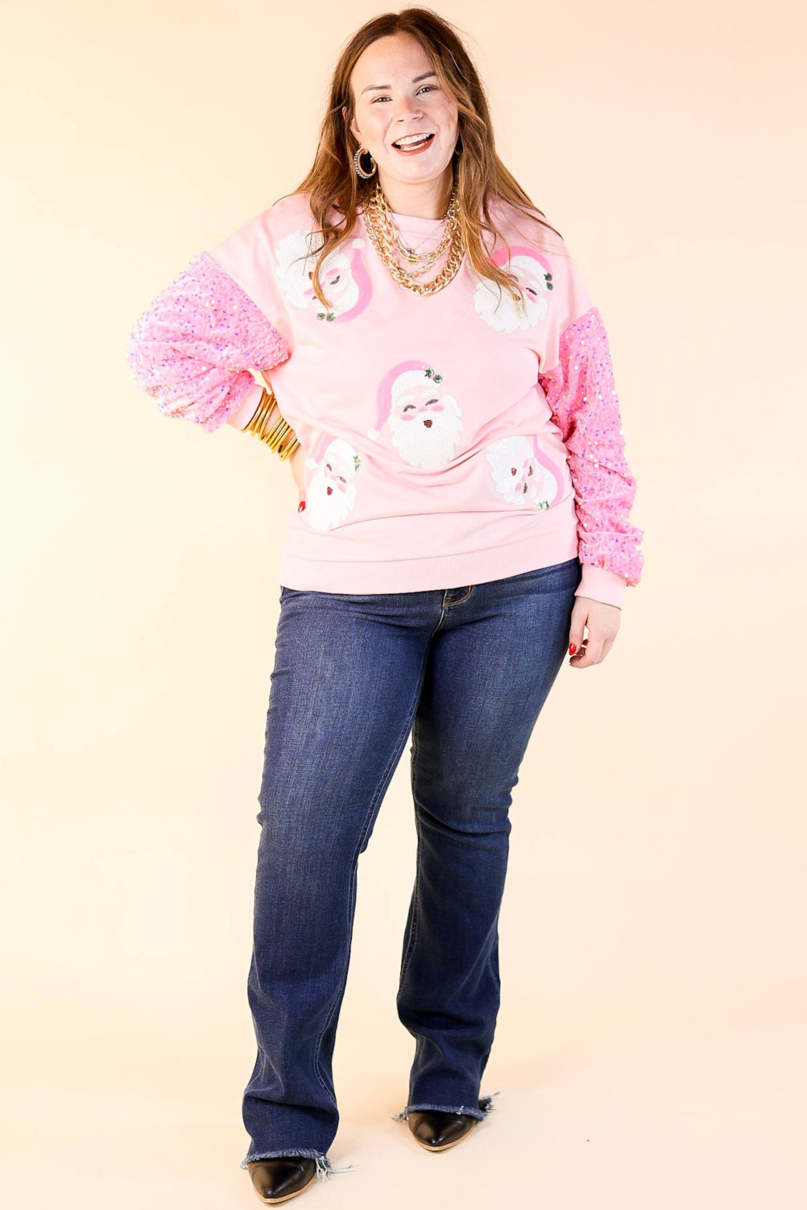 Sequin Santa Crewneck Sweatshirt with Velvet Sleeves in Light Pink