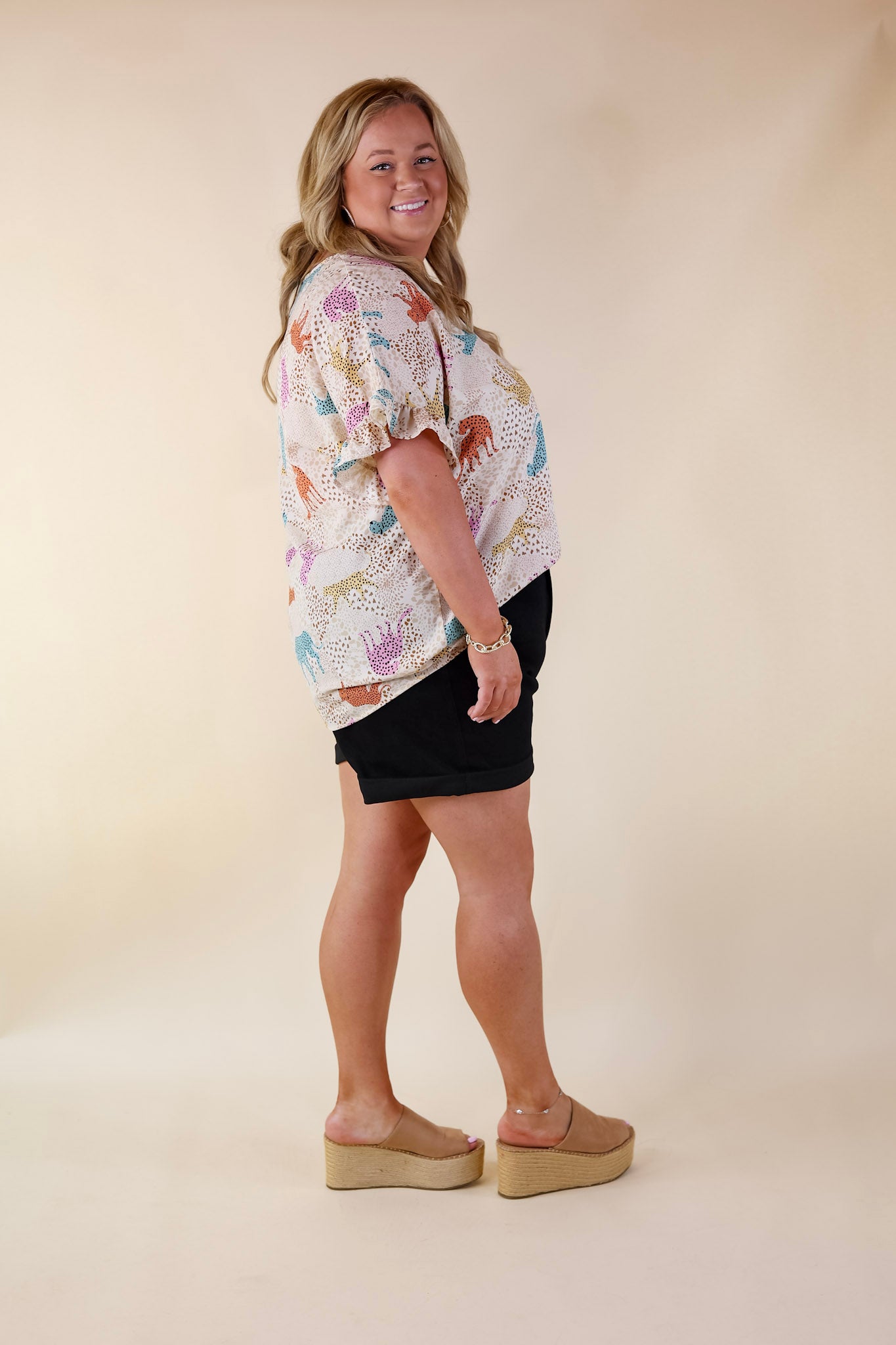 Best Version Cheetah Print V Neck Top with Ruffle Short Sleeves in Beige Mix - Giddy Up Glamour Boutique