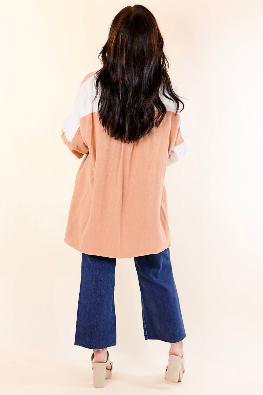 Follow Me Long Sleeve Button Up Color Block Top in Terracotta