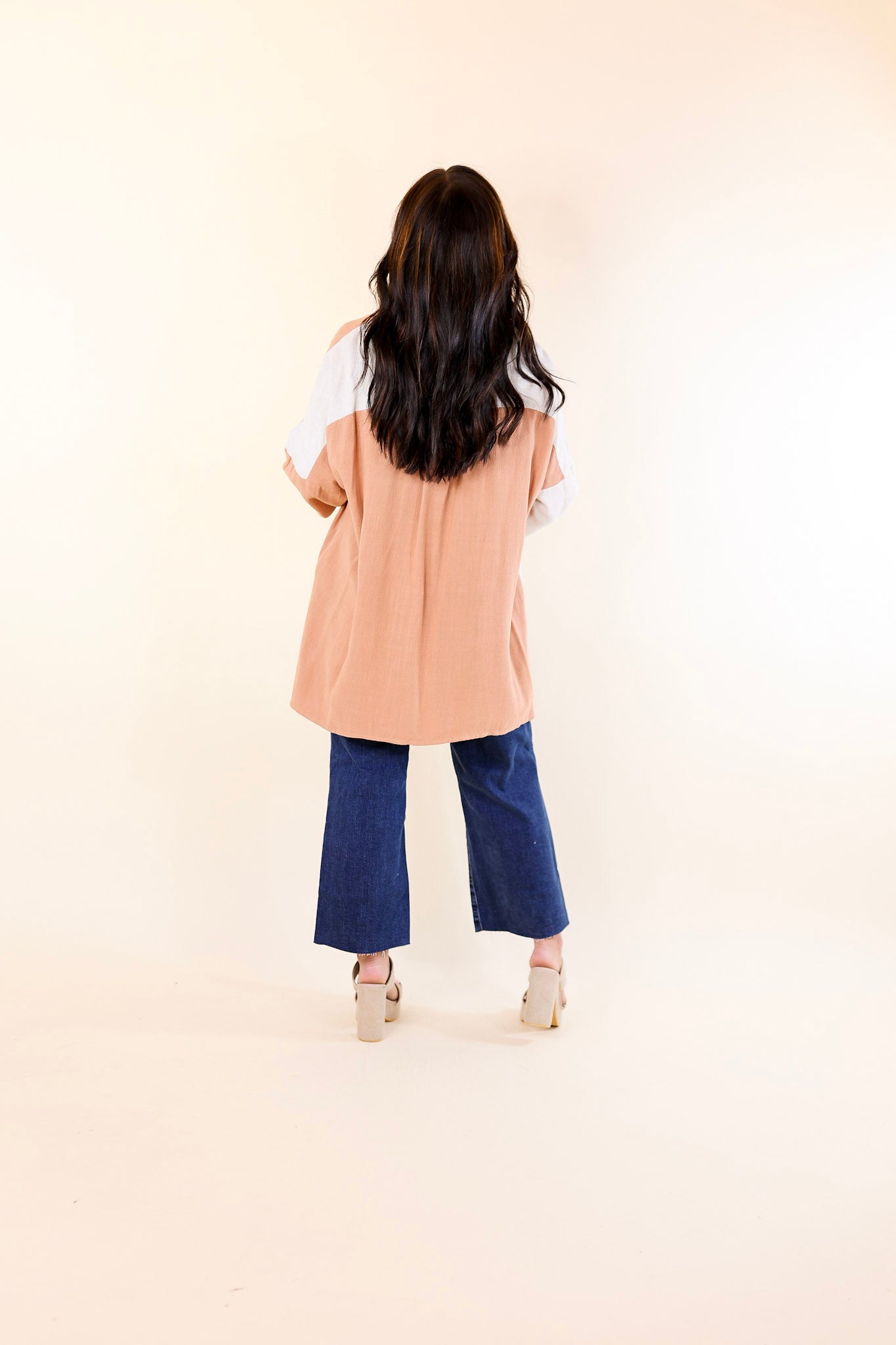 Follow Me Long Sleeve Button Up Color Block Top in Terracotta