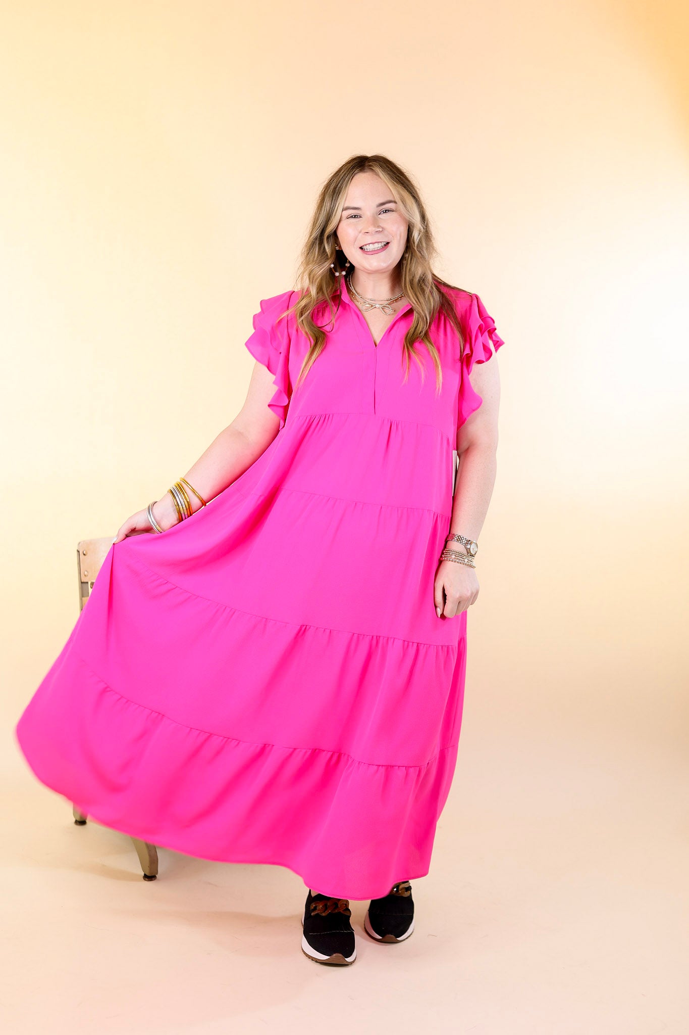 All Of A Sudden Tiered Midi Dress with Ruffle Cap Sleeves in Hot Pink