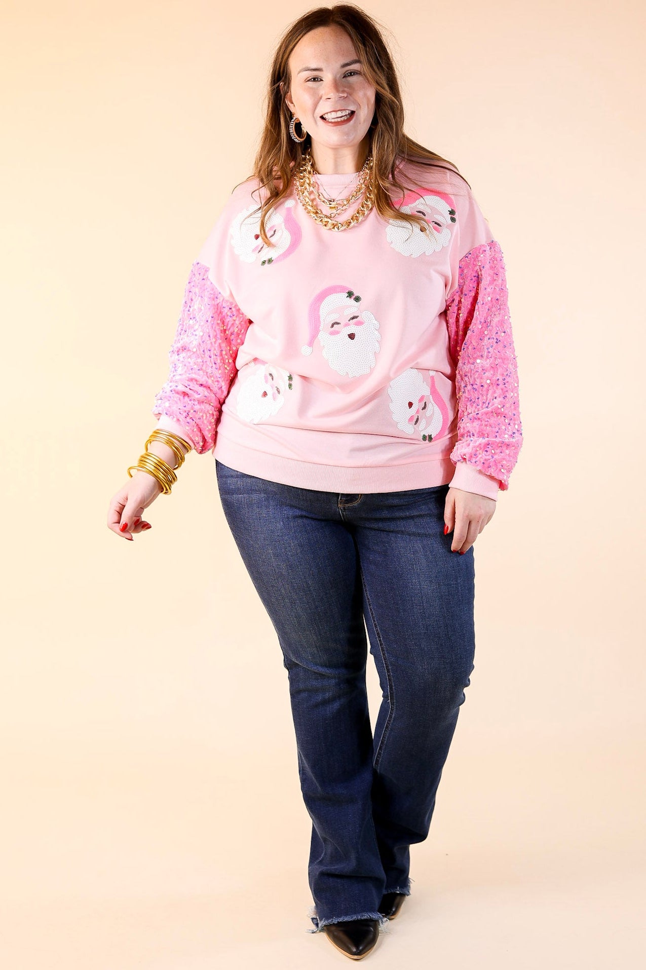 Sequin Santa Crewneck Sweatshirt with Velvet Sleeves in Light Pink