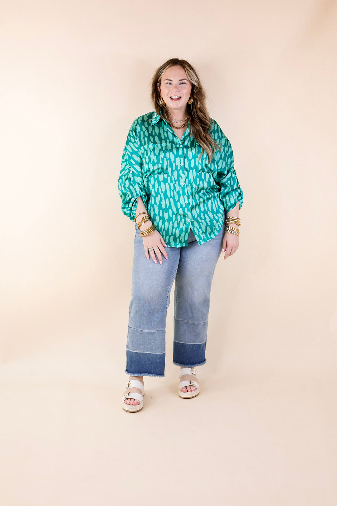 A Perfect Day Button Up Poncho Top in Teal Green Mix - Giddy Up Glamour Boutique
