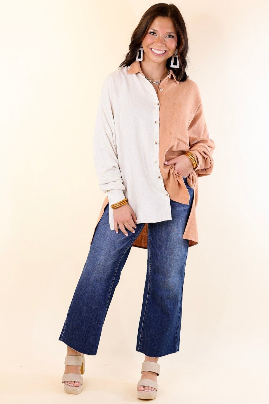 Follow Me Long Sleeve Button Up Color Block Top in Terracotta