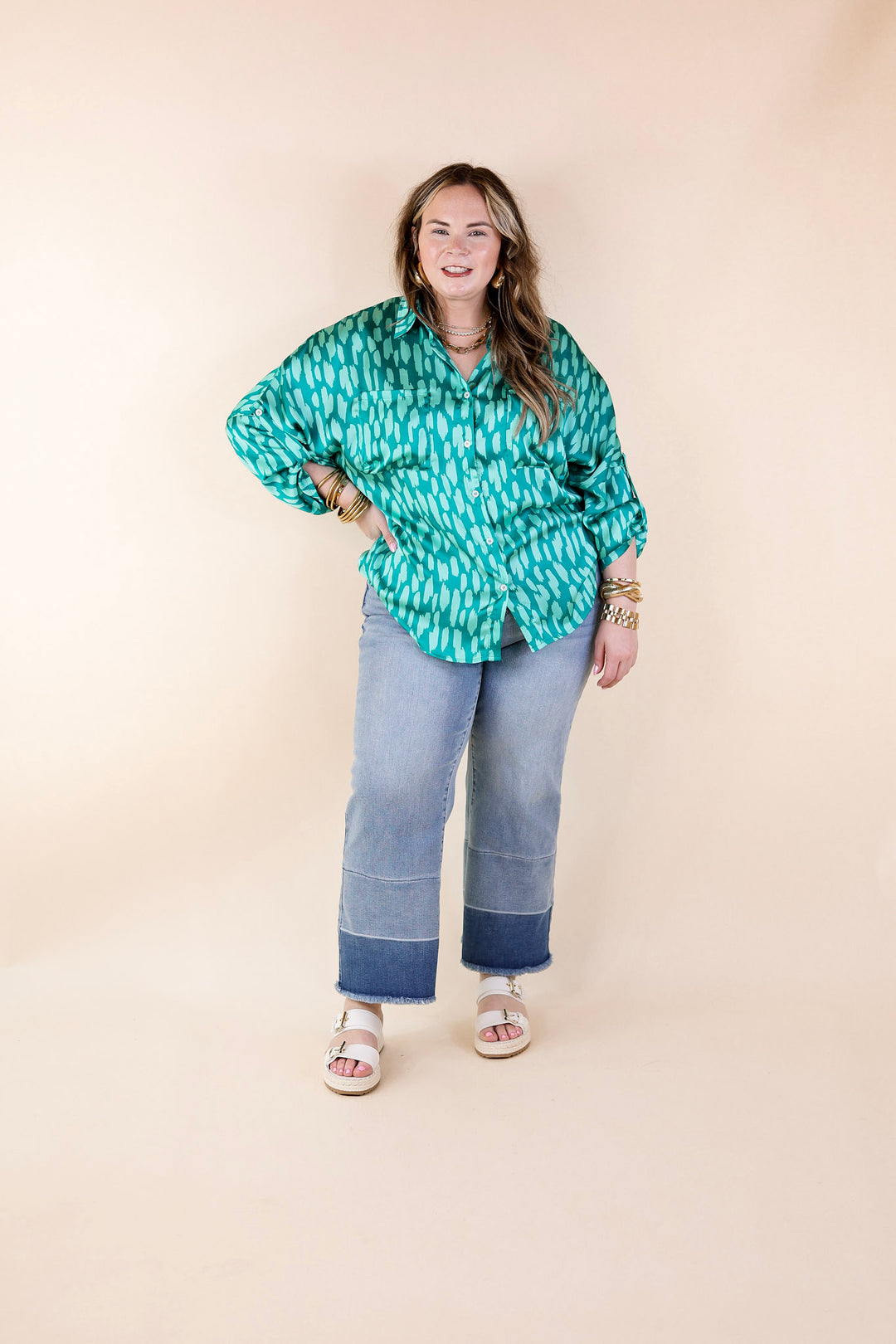 A Perfect Day Button Up Poncho Top in Teal Green Mix - Giddy Up Glamour Boutique