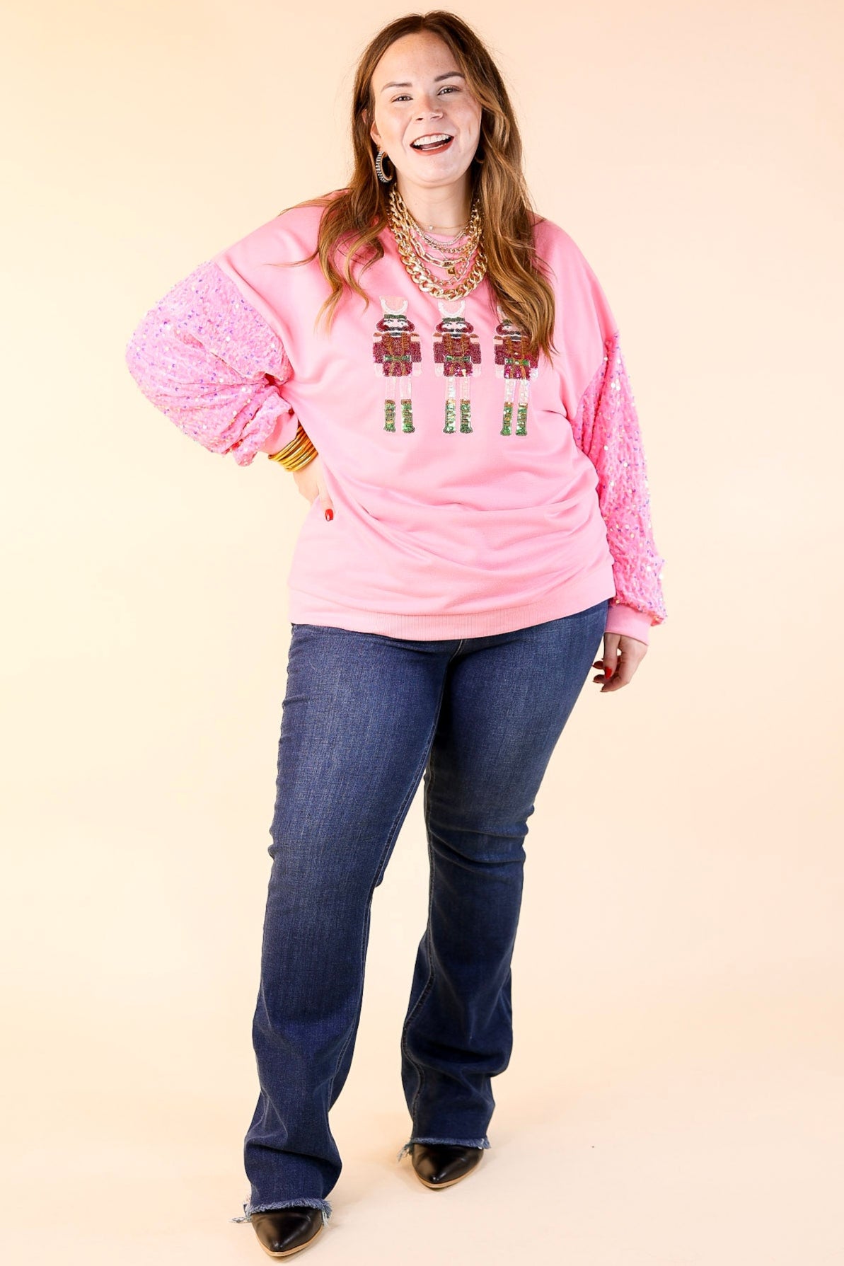 Sequin Nutcracker Crewneck Sweatshirt with Velvet Sleeves in Light Pink