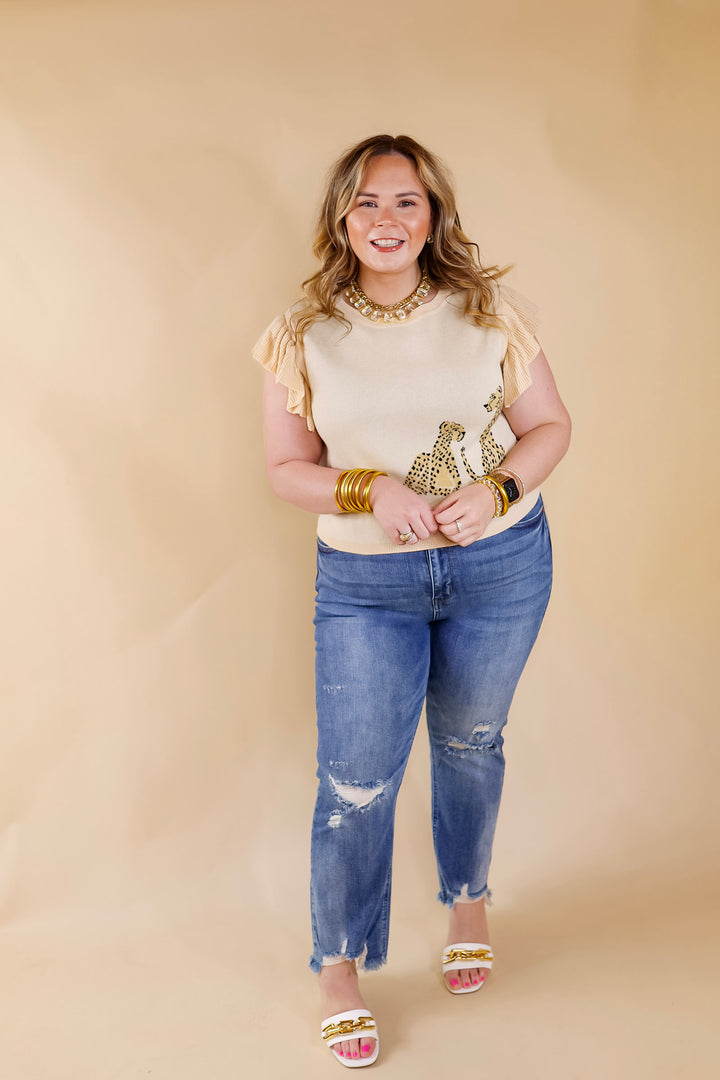 Talk This Way Cheetah Print Sweater with Ruffle Cap Sleeves in Beige - Giddy Up Glamour Boutique